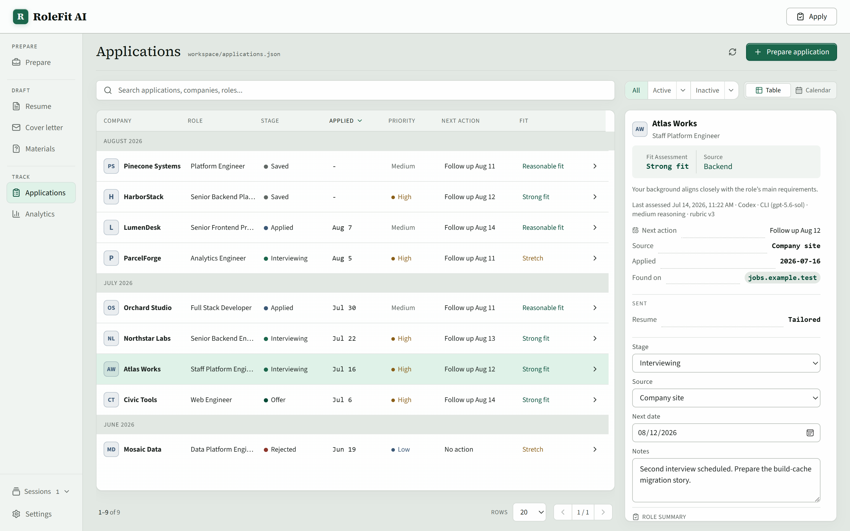 Applications table with stages, fit verdicts, follow-up dates, and a detail inspector