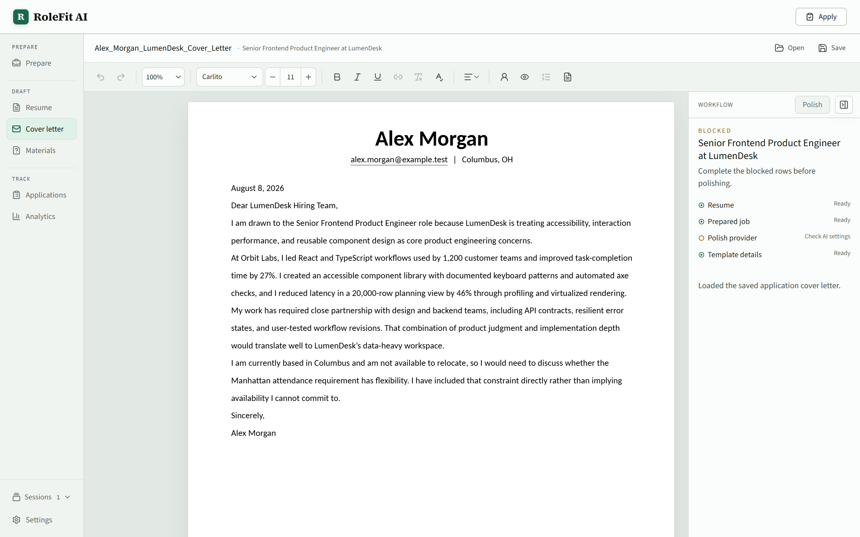 Cover-letter editor with the final page, formatting controls, and the letter workflow rail