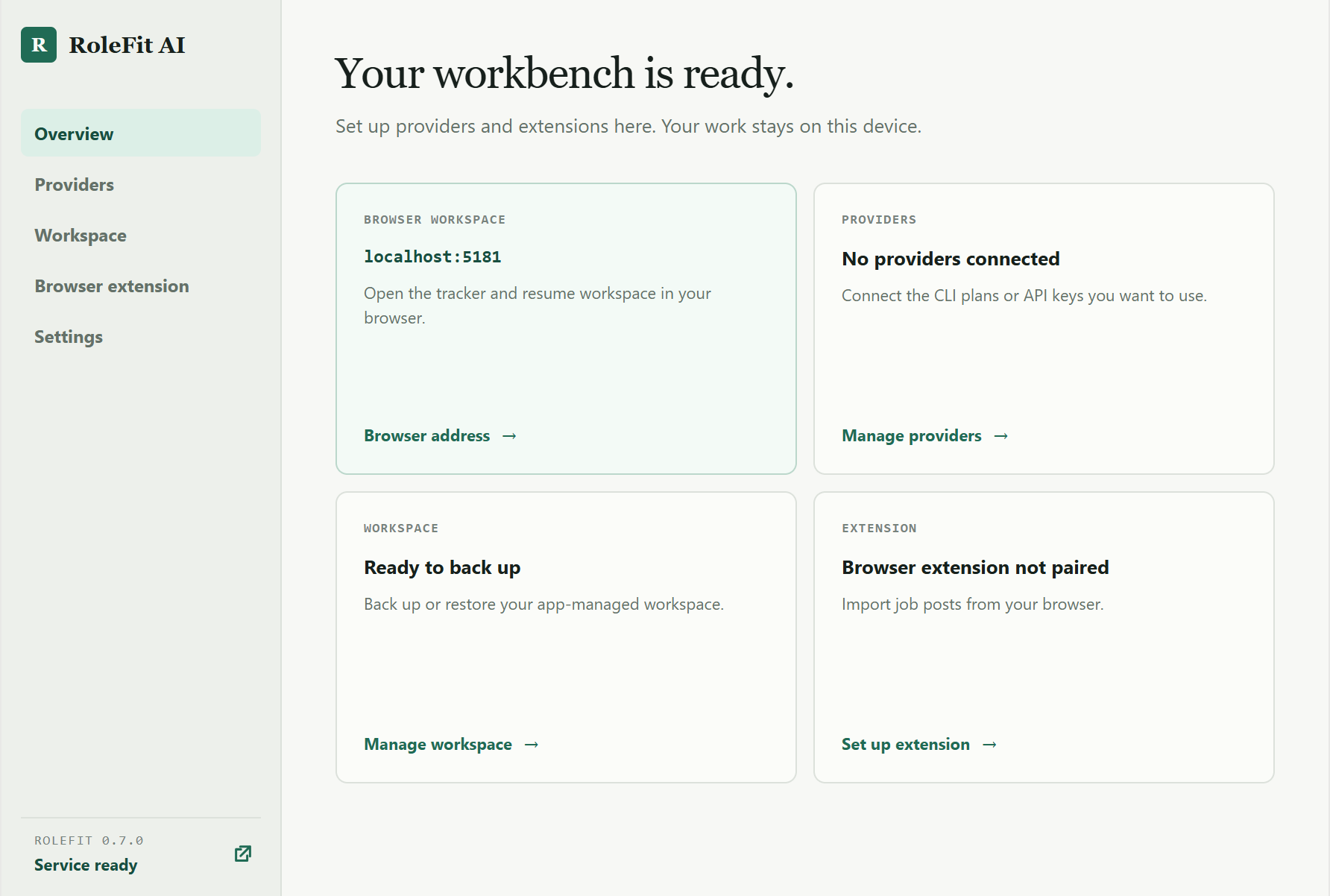 RoleFit AI desktop companion overview with providers, workspace backup, browser extension, settings, and a browser launch control