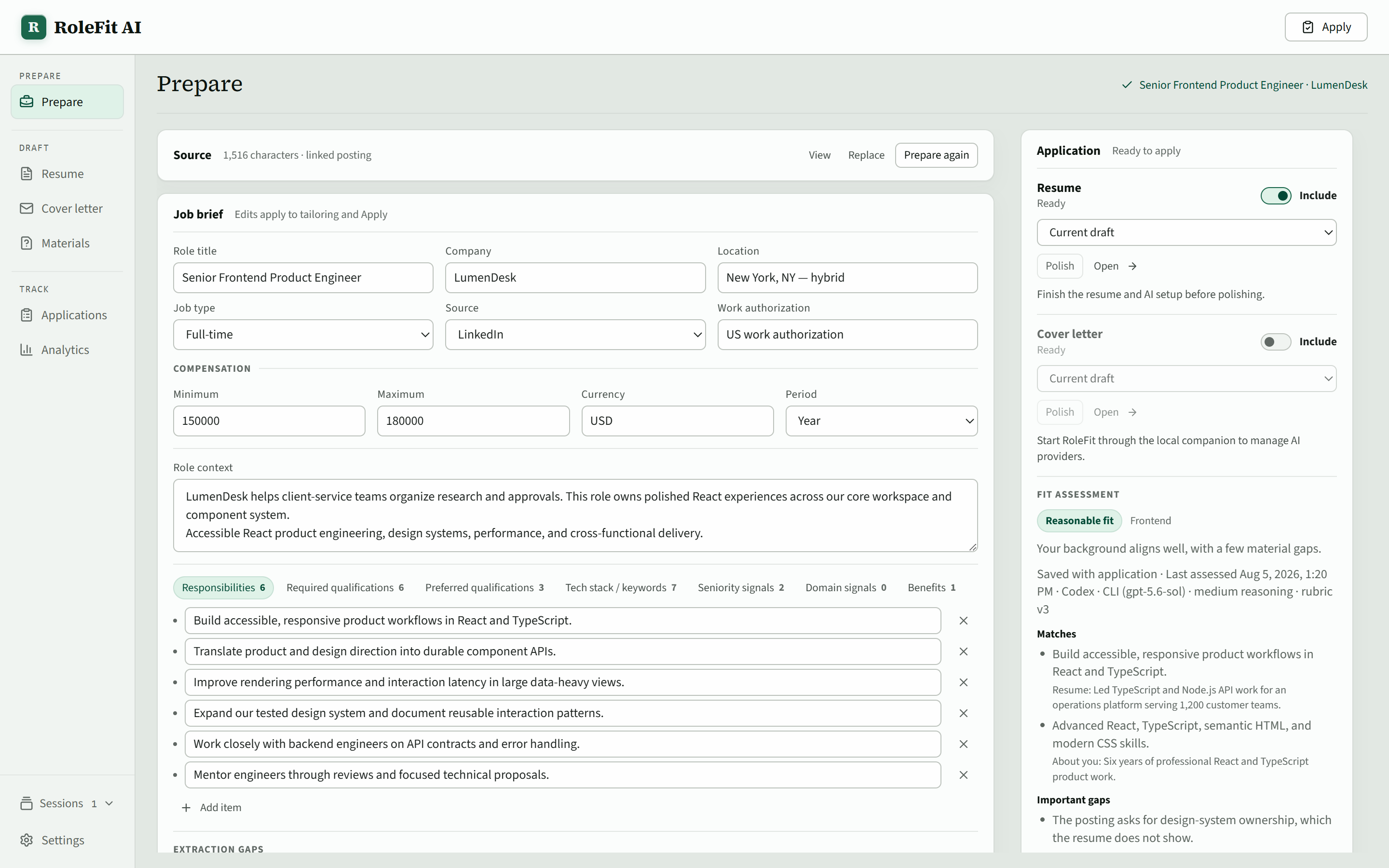 Prepare page with an editable job brief beside the application rail, material toggles, and a fit assessment