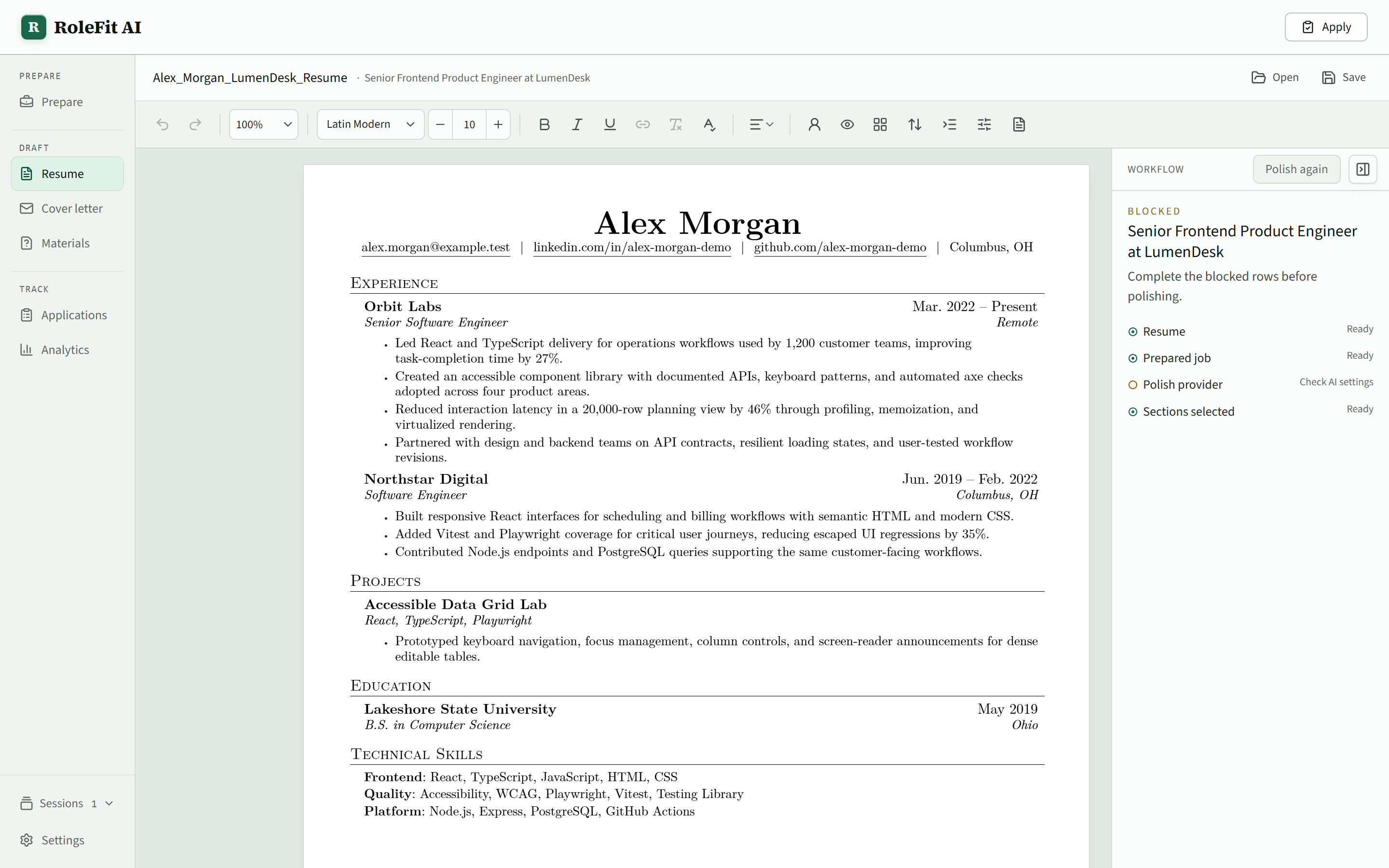 Resume editor showing the export layout and the resume workflow rail